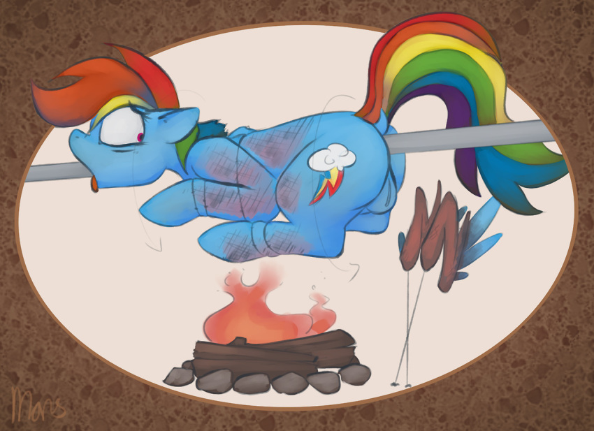 2017 cooked_alive cooking equine female feral fire friendship_is_magic gore impalement literal_spitroast mammal marsminer my_little_pony pegasus pussy rainbow_dash_(mlp) roasting_spit snuff solo spitted wings