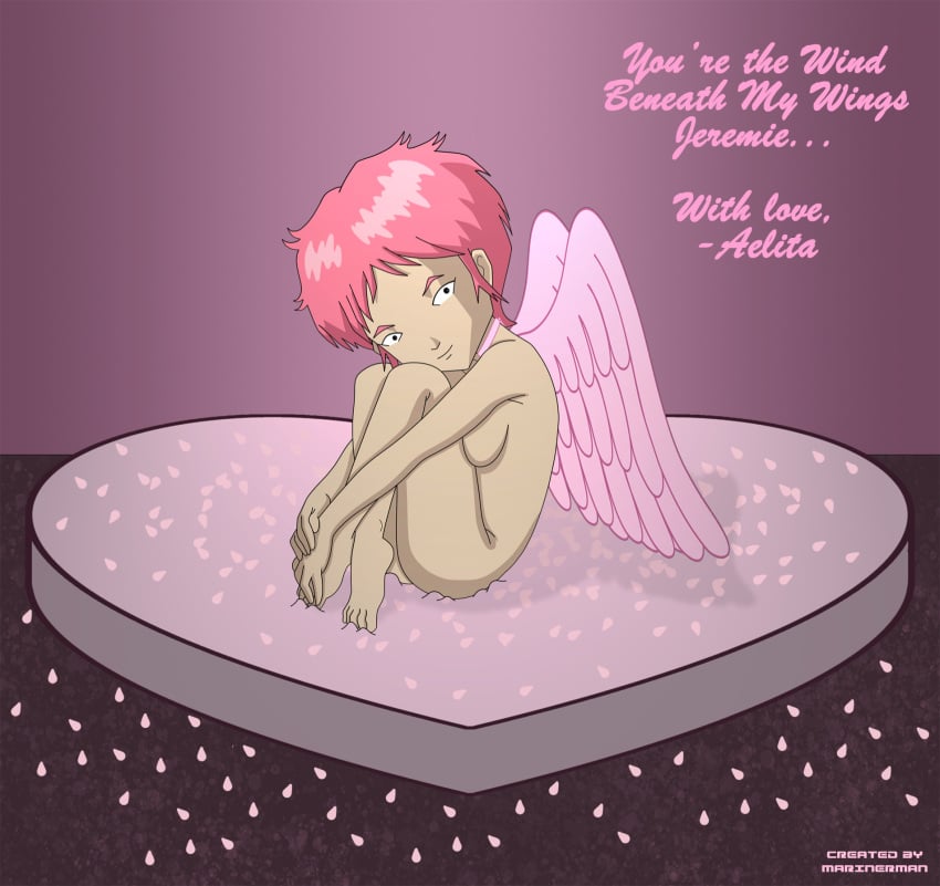 aelita_schaeffer angel angel_wings boudoir code_lyoko covering_breasts covering_pussy covering_self flower_petals heart-shaped_bed holding_legs looking_at_viewer marinerman pink_hair seductive_look seductive_smile