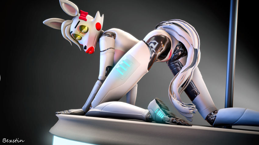 2018 3d animatronic anthro bexstin big_breasts breasts canine female five_nights_at_freddy's five_nights_at_freddy's_2 fox hair hi_res looking_at_viewer machine mammal mangle_(fnaf) nipples nude pinup pole pose pussy robot simple_background solo source_filmmaker stage video_games