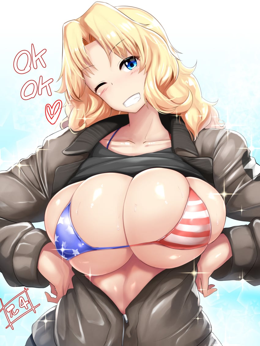 1girls american_flag american_flag_bikini big_breasts blonde_hair bra breasts cleavage female female_only girls_und_panzer kay_(girls_und_panzer) large_breasts light-skinned_female light_skin looking_at_viewer mizuyan solo solo_female