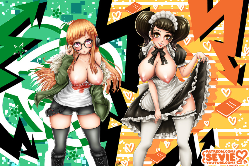 2girls apron bangs becky_(persona) black_legwear blush boots breasts breasts_out choker female fur_trim glasses headdress headphones hime_cut holding_glasses jacket large_breasts leaning_forward looking_at_viewer maid maid_headdress megami_tensei multiple_girls open_mouth orange_hair persona persona_5 ribbon_choker sadayo_kawakami sakura_futaba sevie short_shorts shorts sidelocks skirt skirt_lift smile thighhighs twintails white_legwear yellow_eyes