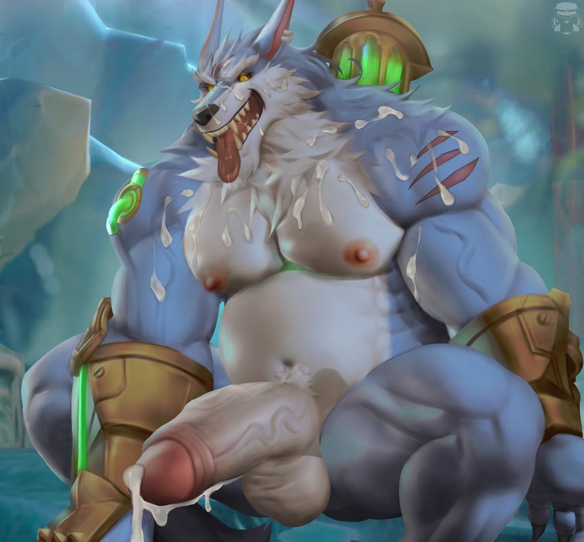 anthro balls big_balls big_belly big_penis bozi cum erection genital_fluids league_of_legends male male_nipples male_only muscular muscular_anthro muscular_male naked nipples nude penis riot_games solo warwick werecanid werecanine werewolf