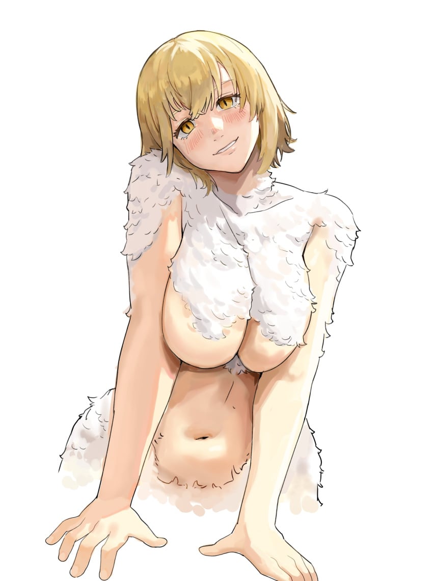 big_breasts blonde_hair breast_squeeze breasts chubby chubby_female covered_nipples delicious_in_dungeon dungeon_meshi falin_touden falin_touden_(chimera) feathers female head_tilt navel nisakusa short_hair simple_background smile tagme white_background yellow_eyes