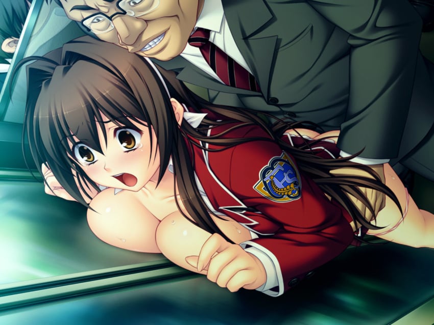 breasts brown_eyes brown_hair game_cg grabbing_another's_thighs highres large_breasts maishima_yuri molestation nerawareta_megami_tenshi_angeltia non-web_source salaryman school_uniform sex skirt train_interior tsukumo_kazuita underwear vaginal_penetration