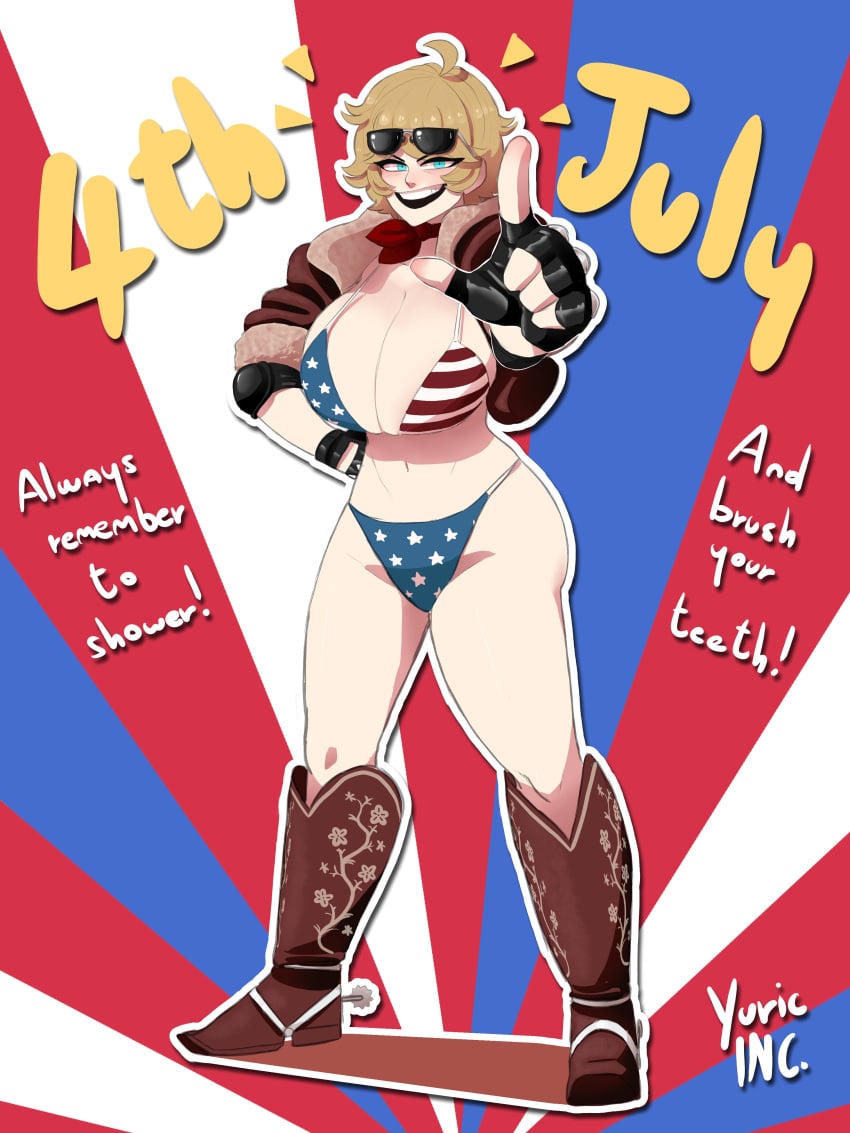 1girls 4th_of_july american_flag american_flag_bikini artist_name artist_signature big_breasts blonde_hair blue_eyes breasts caucasian caucasian_female country_inc_(yuric_inc) cowboy_boots english english_language english_text female female female_focus female_only fingerless_gloves fourth_of_july huge_breasts looking_at_viewer pointing pointing_at_viewer sunglasses sunglasses_on_forehead sunglasses_on_head tagme text usa_(yuric_inc) white_skin yuric_inc