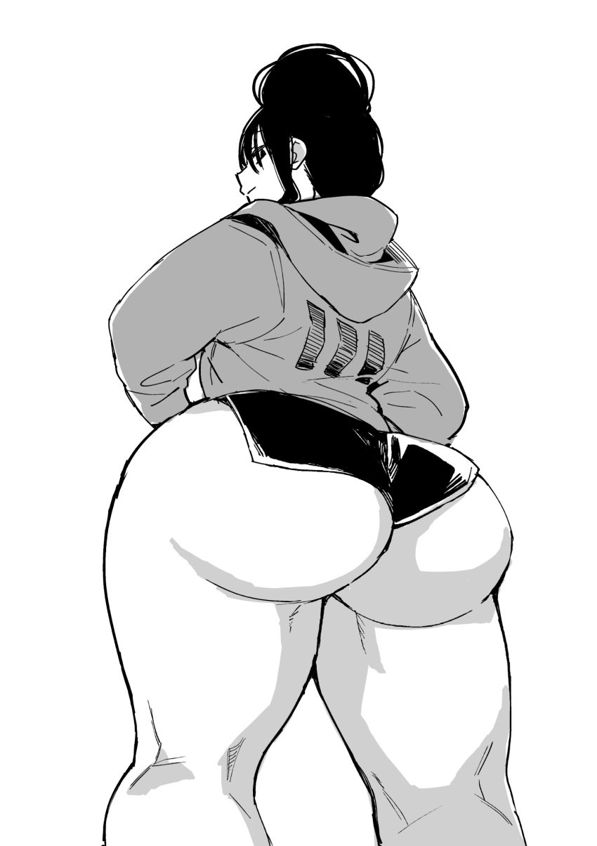 achumuchi ass breasts erotic_x_anabolic female from_below highres hood huge_ass inui_achu jacket large_breasts long_hair mitsukura_itsuha monochrome original short_shorts shorts solo thick_thighs thighs upper_body wide_hips