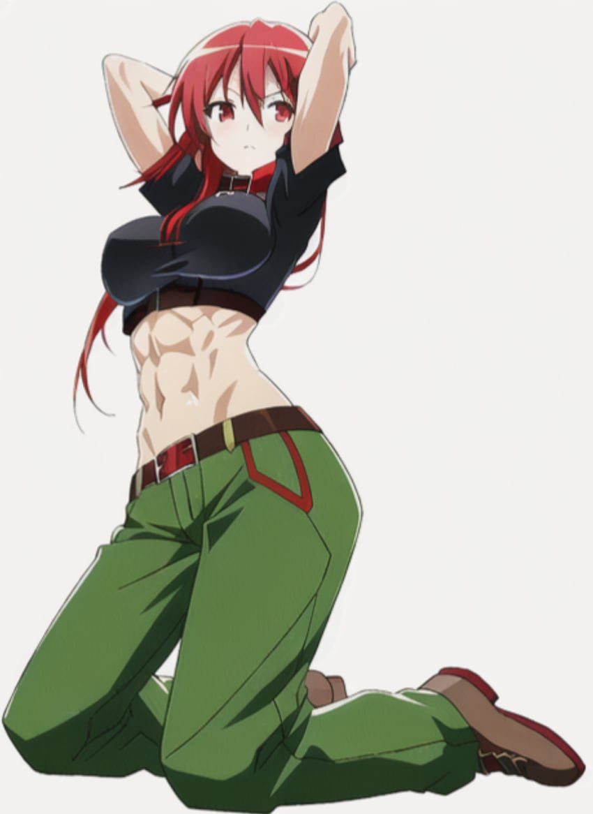 abs ai_generated alternate_breast_size crop_top midriff navel red_eyes red_hair shakugan_no_shana shana