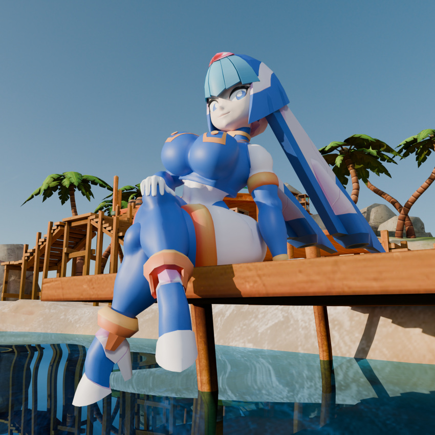 3d 3d_(artwork) big_breasts blue_eyes fairy_leviathan helmet high_heels island large_breasts legs_crossed robot robot_girl sea