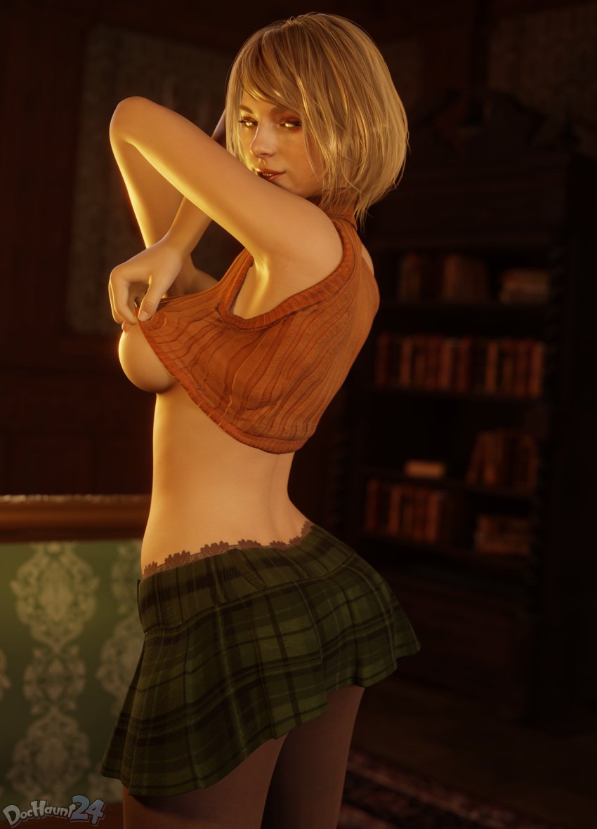 1girls 3d absurd_res ashley_graham ashley_graham_(ella_freya) ass bedroom_eyes blonde_hair bubble_butt busty capcom dochaunt24 female female_focus female_only hi_res hourglass_figure human light-skinned_female light_skin looking_at_viewer medium_hair nipples profile_view resident_evil resident_evil_4 resident_evil_4_remake shirt_lift shirt_up skirt solo stockings straight_hair sweater_lift sweater_up teasing underboob undressing wide_hips