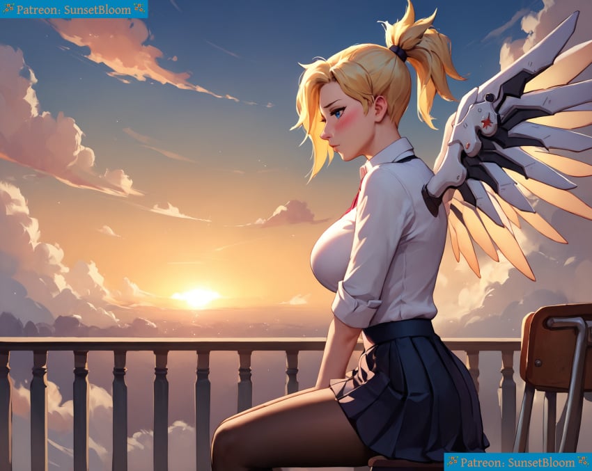 ai_assisted ai_clothes ai_generated ai_generated_background ai_upscaled balcony big_breasts blonde_hair blue_eyes blush chair clouds female mercy overwatch overwatch_2 sitting skirt sunsetbloom wings