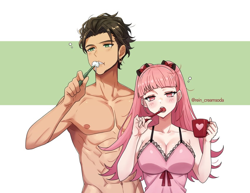 1boy 1girls absurdres blunt_bangs breasts brown_hair brushing_teeth claude_von_riegan cleavage commission couple dark-skinned_male dark_skin female female fire_emblem fire_emblem:_three_houses green_eyes highres hilda_valentine_goneril large_breasts male nintendo pink_eyes pink_hair ponytail rein_creamsoda short_hair straight topless_male