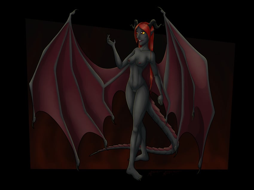 2018 5_fingers ascar_angainor biped black_skin breasts demon dragon_wings female hair horns humanoid invalid_tag nipples pussy red_hair signature tagme wings