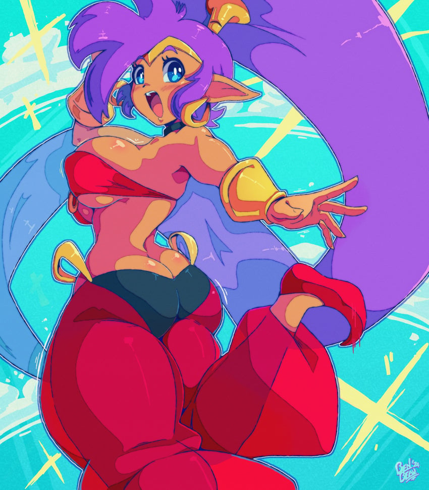 ass bandeau benbeau blue_eyes breasts brown_body brown_skin ear_piercing ear_ring female genie hair hi_res humanoid humanoid_pointy_ears long_hair looking_at_viewer open_mouth open_smile ponytail purple_hair shantae shantae_(character) side_boob simple_background smile solo wayforward