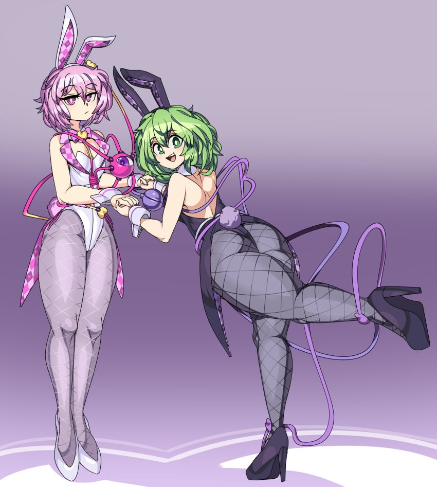 2girls black_thighhighs bunny_tail bunnysuit captain_kirb fake_animal_ears green_eyes green_hair koishi_komeiji multiple_girls pink_eyes pink_hair satori_komeiji touhou white_thighhighs