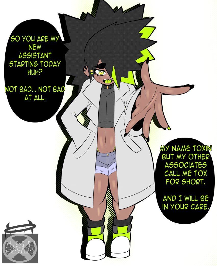 1boy black_hair clothing crop_top cross_samax dark-skinned_femboy dark-skinned_male dark_skin demon dialogue femboy hair_over_one_eye labcoat male male_only original png shoes shorts sissy solo talking_to_viewer text thick_thighs toxin_(cross_samax) wide_hips