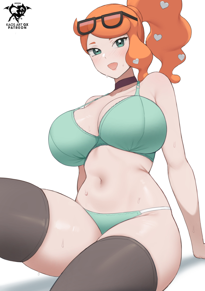 1girls aqua_eyes bra breasts female game_freak huge_breasts kaos_art large_breasts light-skinned_female light_skin long_hair nintendo orange_hair panties png pokemon pokemon_ss side_ponytail sonia_(pokemon)