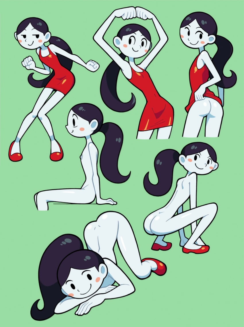 1girls ass ass_up breasts female flat_chest mob_face naked_footwear nude pale_skin ponytail red_dress red_shoes rhythm_heaven stealth_brock tagme tap_shoes yuka_(rhythm_tengoku)