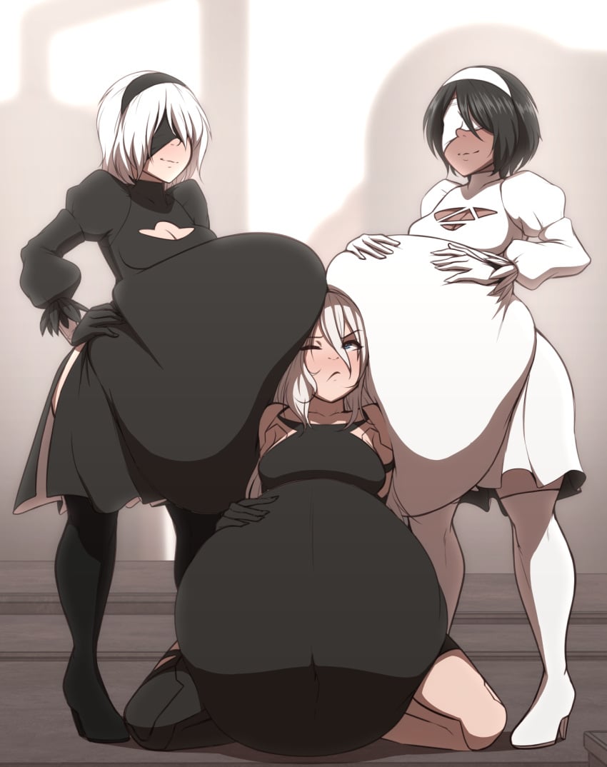 3girls belly black_hair blindfold breasts clothed clothing dark-skinned_female dark_skin female female_only hairband huge_belly hyper_belly light-skinned_female light_skin nier nier:_automata short_hair starcrossing vore vore_belly white_hair yorha_2b yorha_2p yorha_a2