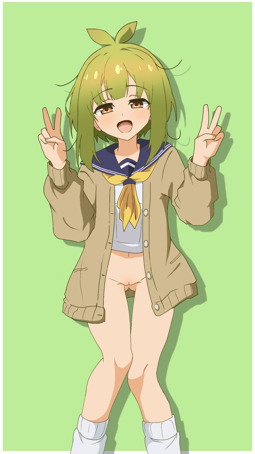 1girls :d bashame_meme bottomless female female_only green_hair leg_warmers my_deer_friend_nokotan nekonatto no_panties no_underwear peace_sign pussy school_uniform shikanoko_nokonoko_koshitantan short_hair v_sign vagina yellow_eyes