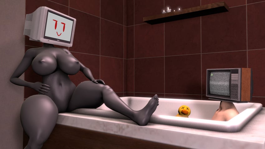 1boy 1girls artist_upload bathroom big_ass big_breasts female grey male nude nude_female red_eyes robot_girl sfm skibidi_toilet skibidi_toilet_(skibidi_toilet) skibidi_toilet_multiverse skin thick_thighs tv_head tvman_(skibidi_toilet)