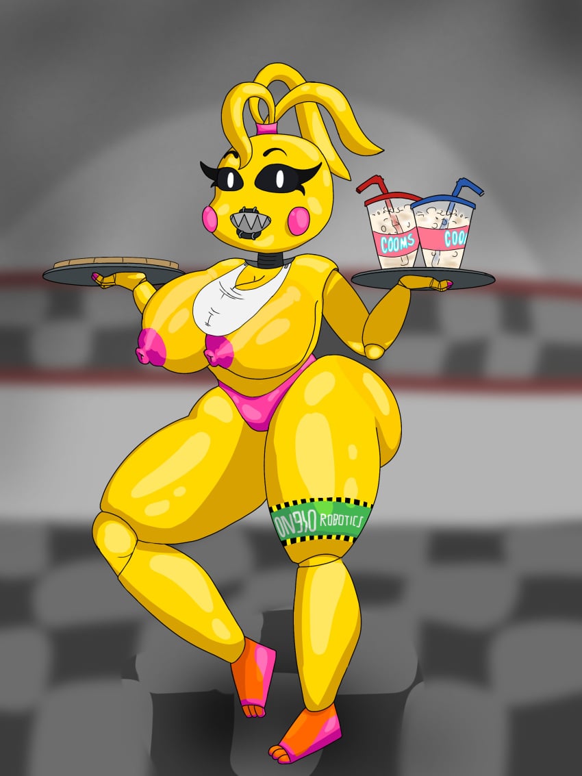 1girls anthro avian beakless eyeless female five_nights_at_freddy&#039;s fnaf huge_ass huge_breasts massive_ass massive_breasts milkshake ongio robot robot_girl shortstack smiling toy_chica_(fnaf)