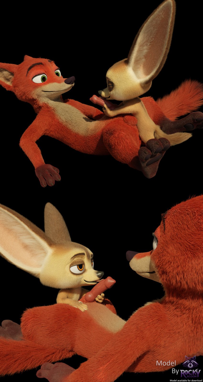 3_toes 3d 3d_(artwork) 4_fingers absurd_res animal_genitalia anthro balls big_ears black_background black_nose blender_(artwork) canid canine canine_genitalia claws closed_eyes countershading digital_media_(artwork) disney duo english_text erection feet fennec_fox fingers finnick_(zootopia) fox gay genitals gloves_(marking) green_eyes half-closed_eyes hi_res holding_penis licking lying male male/male mammal markings multiple_angles narrowed_eyes nick_wilde on_back oral orange_body orange_eyes pawpads paws penetration penile penile_penetration penis penis_lick pink_penis rockyrcoon sex simple_background size_difference slightly_open_mouth smaller_male smile solo standing tail tan_body text toes tongue tongue_out true_fox watermark zootopia