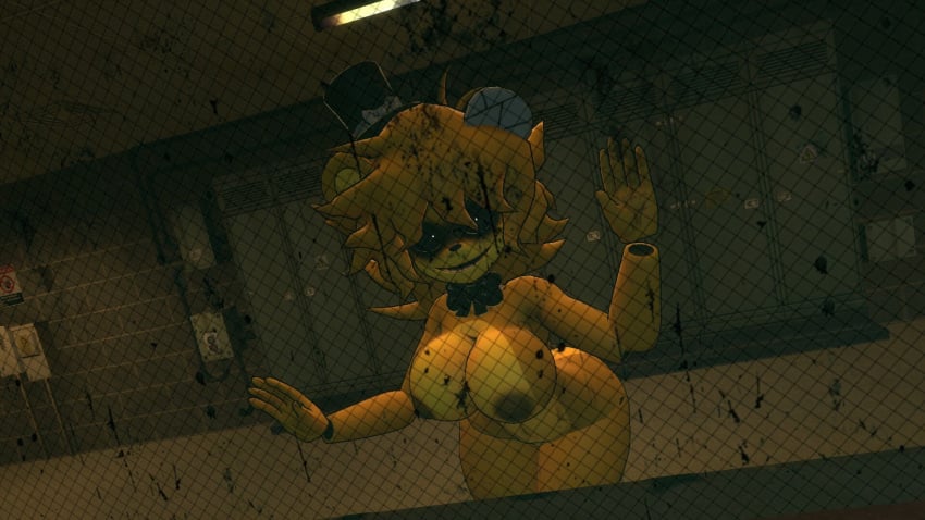 behind_glass black_sclera bowtie breasts breasts_out fap_nights_at_frenni&#039;s female female_only five_nights_at_freddy&#039;s garry&#039;s_mod golden_freddy_(fnaf) golden_fredina_(cally3d) looking_at_viewer nipples nude smile smiling_at_viewer solo top_hat type_0 white_pupils window yellow_body yellow_fur yellow_hair