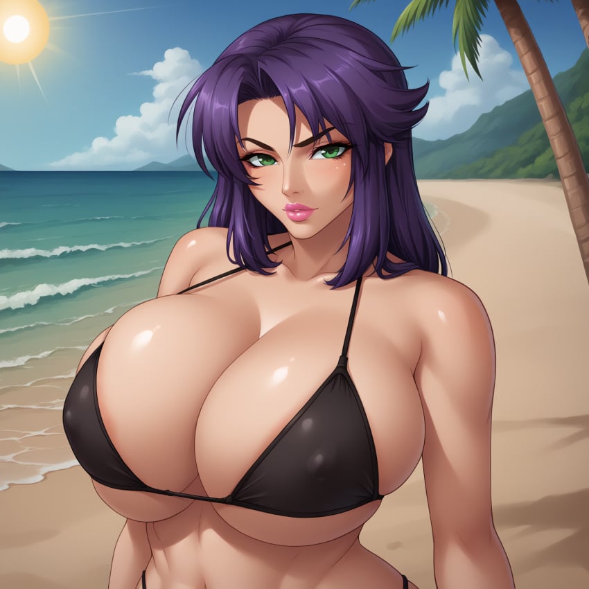 ai_generated beach bikini bikini_top bimbo bimbo_body bimbo_lips breasts collarbone curvaceous curvy_female female female_focus female_only furrowed_brow green_eyes highres huge_breasts kangoku_senkan lieri_bishop lilith-soft lips lipstick mature_female outdoors parted_lips pink_lips pink_lipstick purple_hair rieri_bishop shiny_hair shiny_skin taimanin_(series) voluptuous voluptuous_female