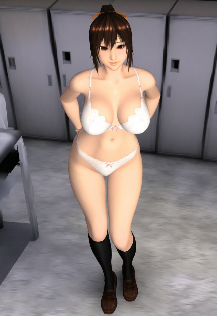 3d ai_generated black_kneehighs black_legwear bra breasts brown_hair gastkeser82 kiryuu_aoi kneehighs large_breasts loafers locker_room navel panties ponytail rapelay ribbon standing stomach underwear underwear_only voluptuous white_bra white_panties