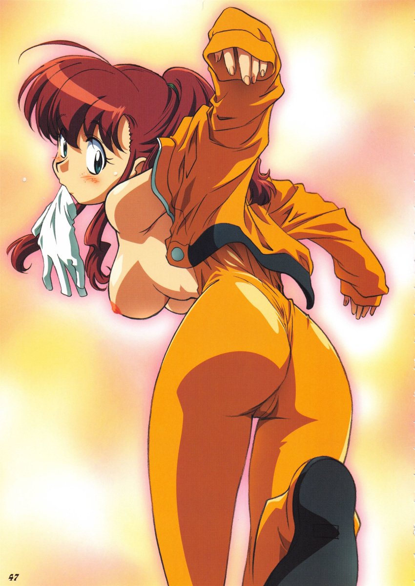 00s ass bare_shoulders blue_eyes blush breasts brown_hair curvy female gloves hayashi_nanae highres huge_ass kimura_takahiro large_breasts long_hair looking_back mouth_hold nipples ponytail scan shinkon_gattai_godannar!! shiny sideboob solo undressing