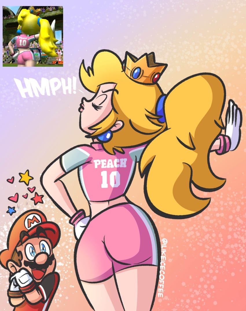 ass back_view blonde_female blonde_hair butt canonical_scene ineedhotcoffee mario mario_(series) mario_strikers mario_strikers_peach_back_view_redraw_(meme) pink_shorts princess_peach