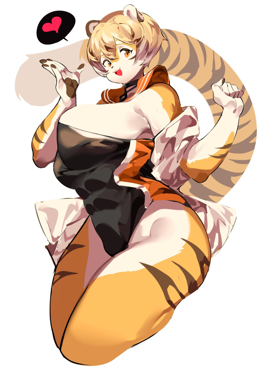 anthro big_breasts breasts cleavage feline female furry heart huge_breasts leotard mx99926 short_hair spoken_heart tagme thick_thighs tiger tiger_girl wide_hips