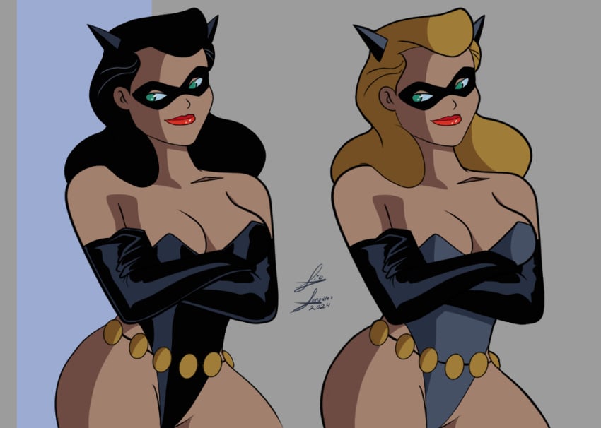 2024 2girls armwear batman:_the_animated_series batman_(series) black_hair black_hair_female blonde_hair blonde_hair_female breasts cat_ears catgirl catwoman catwoman_(dcau) clone dc_comics dcau dongio86 duo duo_female duo_focus gloves leotard long_hair long_hair_female long_sleeves mask masked masked_female multiple_girls supervillain supervillainess tagme