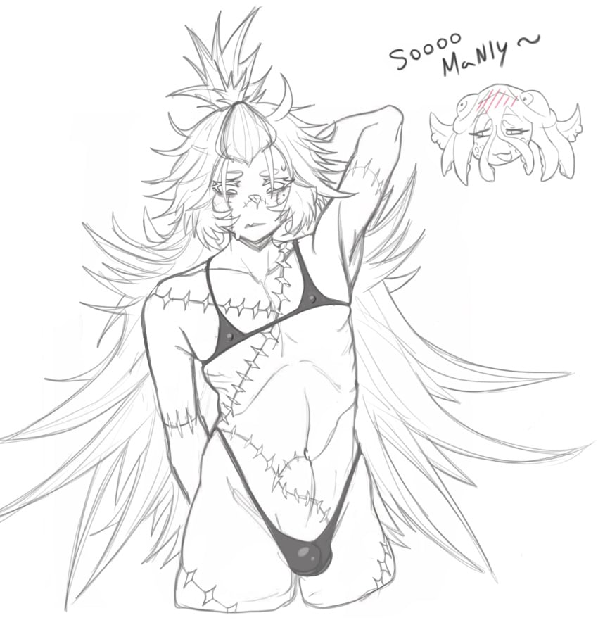 0_danvil_0 armpits belly_button big_hair black_bikini buldge femboy long_hair male_only micro_bikini monster nipple_bulge nipples request scar sketch sweating thighs zombie