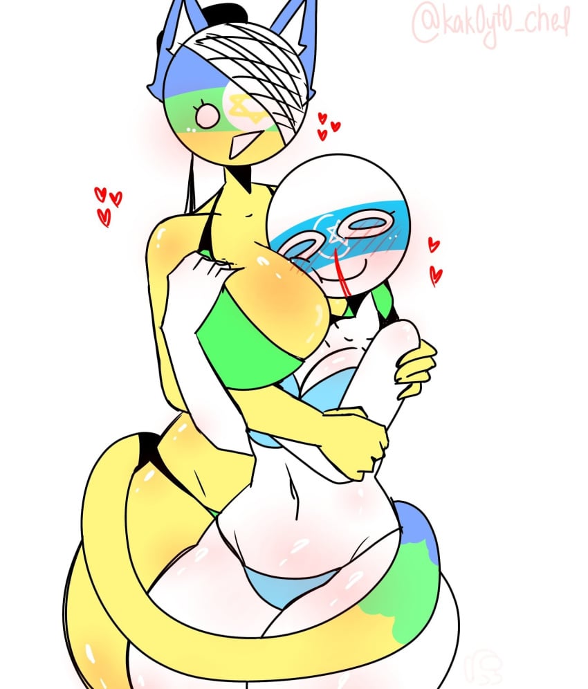 2girls artist_name artist_signature bandage bandaged_head big_breasts big_thighs bleeding bleeding_nose blue_eyes blush blush_lines bra breast_squeeze breasts cat_ears cat_girl cat_tail catgirl countryhumans countryhumans_girl countryhumans_oc female female_focus female_only grabbing grabbing_another's_breast grabbing_breasts hand_on_breast head_between_breasts heart hearts_around_head hug kak0yt0_chel nnsha_(kak0yt0_ŋñ) no_pupils nosebleed panties star_of_david tagme thighs twitter_username white_body white_skin yellow_body yellow_skin