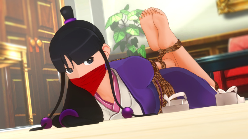 3d black_hair bondage bound_ankles bound_wrists cloth_gag clothed_bondage fully_clothed fully_clothed_female gag gagged gyakuten_saiban hogtie ironlawbringer maya_fey