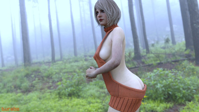 1girls 3d ashley_graham ashley_graham_(ella_freya) ass athletic athletic_female bare_back blonde_hair blue_eyes boots bubble_butt busty butt_crack capcom cold durabo female female_focus female_only foliage forest going_commando hi_res hourglass_figure human light-skinned_female light_skin makeup no_panties outdoors outside pale-skinned_female pale_skin plants resident_evil resident_evil_4 resident_evil_4_remake sideboob skimpy skimpy_clothes solo straight_hair sweater sweater_only trees virgin_killer_sweater wide_hips woods