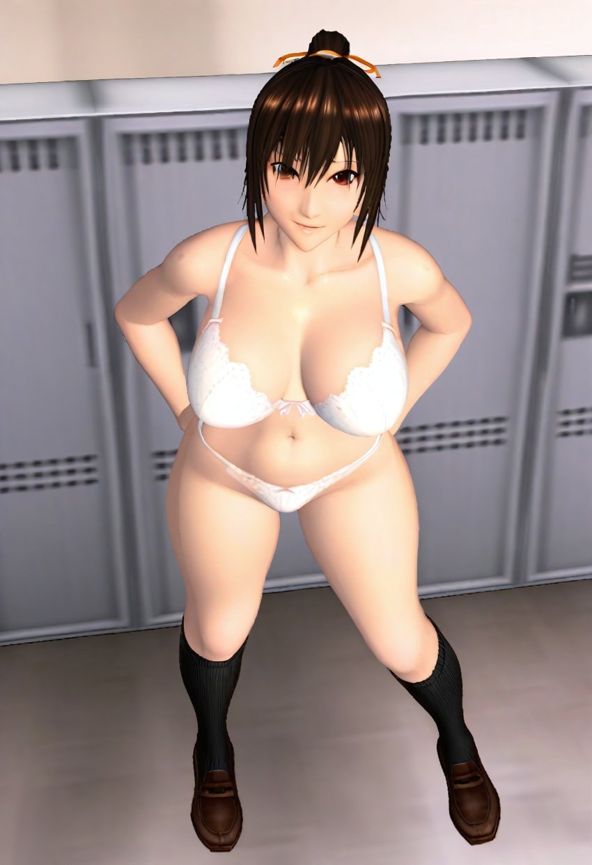 3d ai_generated black_kneehighs black_legwear bra breasts brown_hair gastkeser82 kiryuu_aoi kneehighs large_breasts loafers locker_room navel panties ponytail rapelay ribbon standing stomach underwear underwear_only voluptuous white_bra white_panties