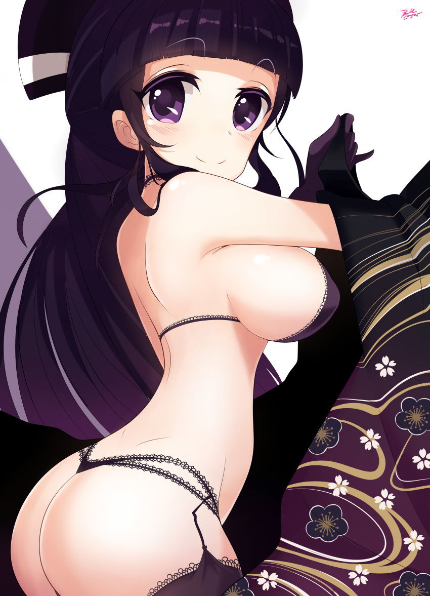 absurdres ass bangs blunt_bangs blush bra breasts choker female garter_straps gluko highres large_breasts long_hair looking_at_viewer mon_colle_knights panties privatecaller purple_eyes purple_hair sideboob sidelocks smile solo thighhighs underwear