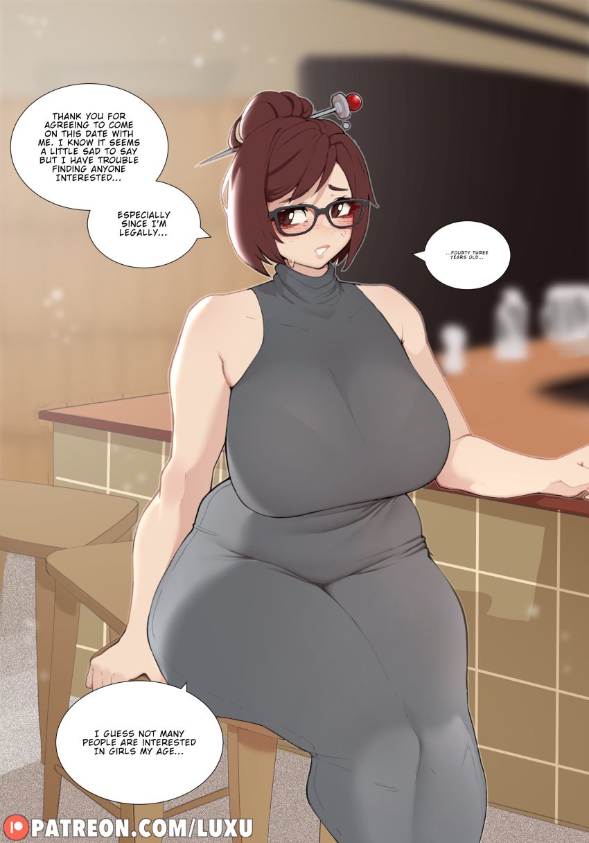 1girls big_breasts blush brown_eyes brown_hair dialogue dress english_text female female_only glasses grey_dress indoors light-skinned_female long_dress looking_at_viewer luxurias mature_female mei_(overwatch) milf older_female overwatch sitting solo speech_bubble talking_to_viewer thick_thighs tied_hair tight_clothing very_high_resolution wide_hips