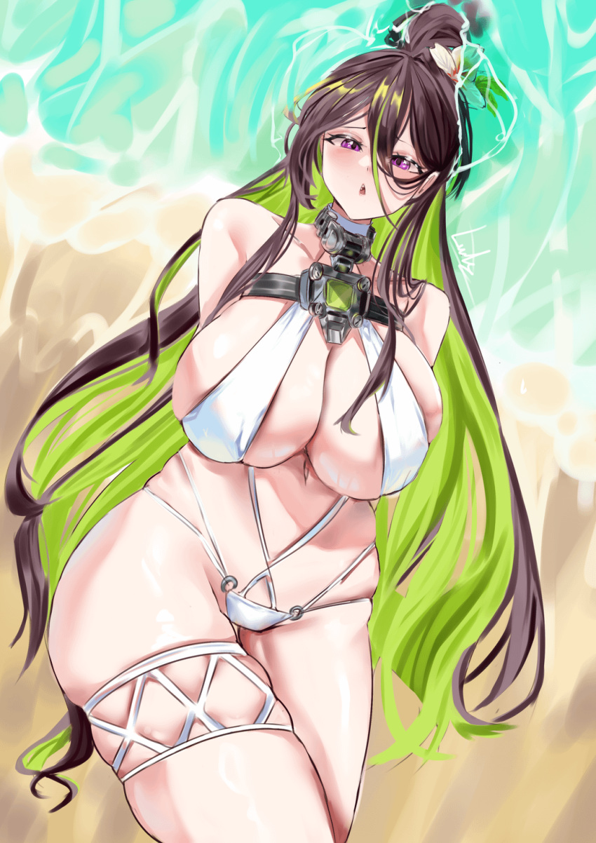 arms_behind_back barely_clothed barely_contained beach bikini black_hair blush brown_hair exposed_shoulders flower flower_in_hair goddess_of_victory:_nikke green_hair guilty_(nikke) guilty_(wave_of_disbelief)_(nikke) huge_breasts large_breasts laying_down laying_on_ground legs long_hair massive_breasts neck_restraint ocean on_back open_mouth ponytail purple_eyes restraints sand shaved_crotch shaved_pussy sideboob summer swimsuit thick_thighs thighs underboob water