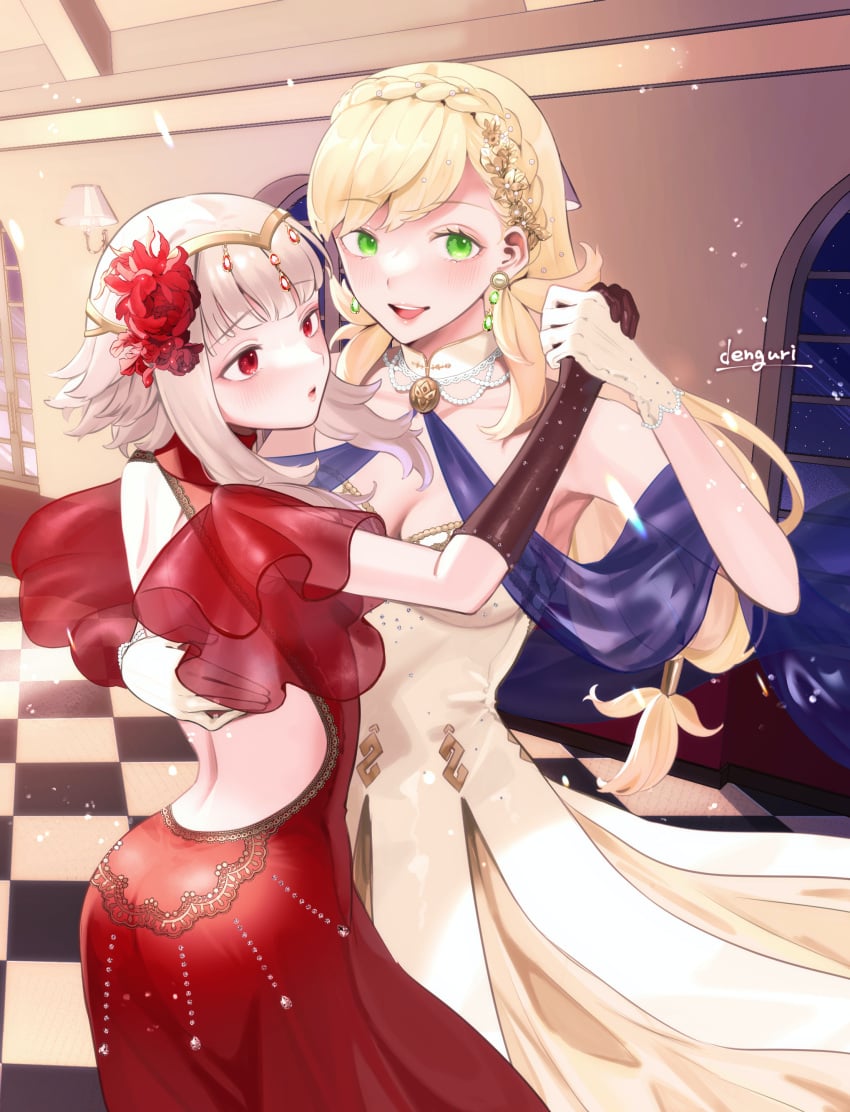 2girls absurdres alternate_costume armpits ass back backless_dress backless_outfit ballroom bare_back big_ass blonde_hair breasts circlet cleavage commission dancing dress earrings elbow_gloves female female_only fire_emblem fire_emblem_heroes flower gloves green_eyes grey_hair hair_flower hair_ornament half_gloves hand_on_another's_back highres holding_hands jewelry light_particles lipstick long_hair looking_to_the_side makeup medium_breasts multiple_girls nintendo official_alternate_hairstyle red_dress red_eyes sakuramotikun second-party_source sharena_(fire_emblem) shawl short_hair short_hair_with_long_locks signature skeb_commission small_breasts tareme veronica_(fire_emblem) veronica_(princess_rising)_(fire_emblem) yuri