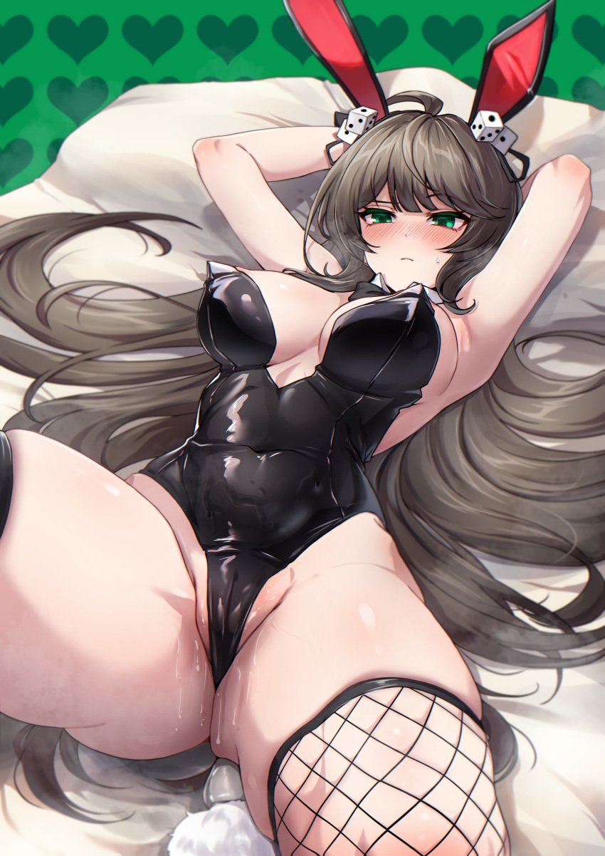 absurdres alternate_costume anal_tail animal_ears arms_behind_head avarice_(elsword) blush breasts brown_hair bunny_ears bunnysuit cleavage elsword fake_animal_ears fake_tail female fishnet_thighhighs fishnets green_eyes highres leotard lithia_beryl_(elsword) long_hair lying on_back pinkmarine playboy_bunny pussy_juice rabbit_ears rabbit_tail sideboob solo tail thighhighs very_long_hair