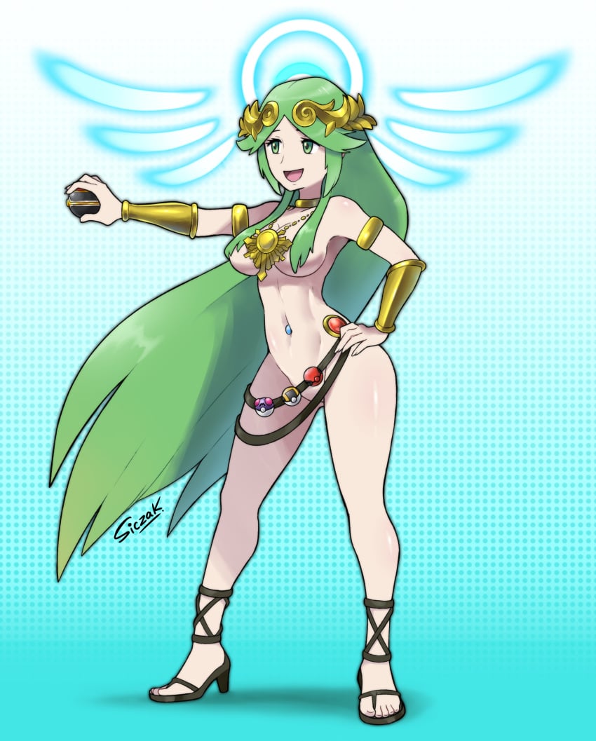 1girls 2024 accurate_art_style arm_bracelets belt belts choker commission convenient_censoring functionally_nude functionally_nude_female godiva_hair green_hair halo hand_on_hip holding_object holding_poke_ball kid_icarus kid_icarus_uprising long_green_hair long_hair necklace nintendo nude nude_female palutena pokeball pokemon sandals siczak solo solo_female tagme vambraces