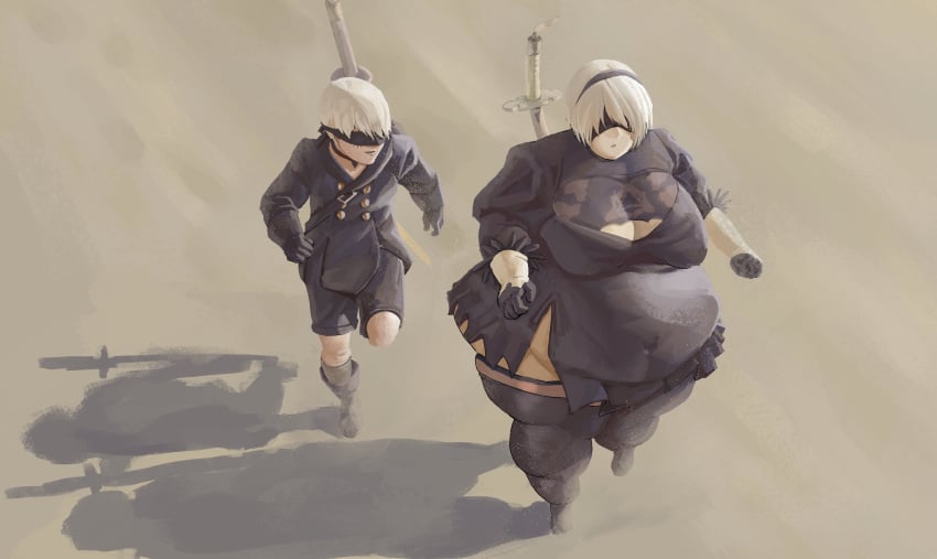 1boy 1boy1girl 1girls bbw belly big_thighs clothed fat female morbidly_obese nier:_automata presiart sand thighs yorha_2b yorha_9s