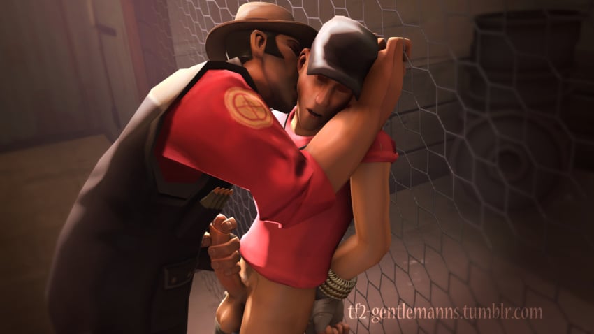 2boys 3d against_wall arms_behind_back bound_wrists domination handjob human human_male human_only kissing_neck male male_only scout scout_(team_fortress_2) sniper sniper_(team_fortress_2) team_fortress_2 tf2_gentlemanns tf2_horny_manns tied_to_fence tied_up yaoi