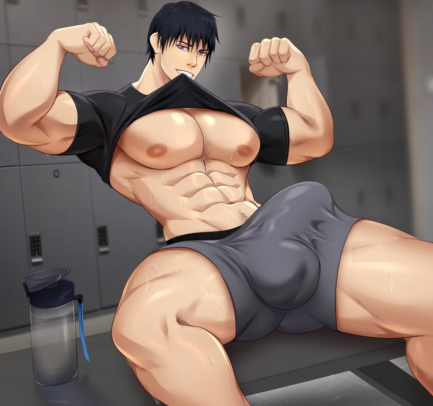 1boy abs big_bulge blue_hair bulge chest_hair dilf erection erection_under_clothes flexing gasaiv jujutsu_kaisen male male_only muscular muscular_arms muscular_male penis penis_outline solo solo_male toji_fushiguro treasure_trail