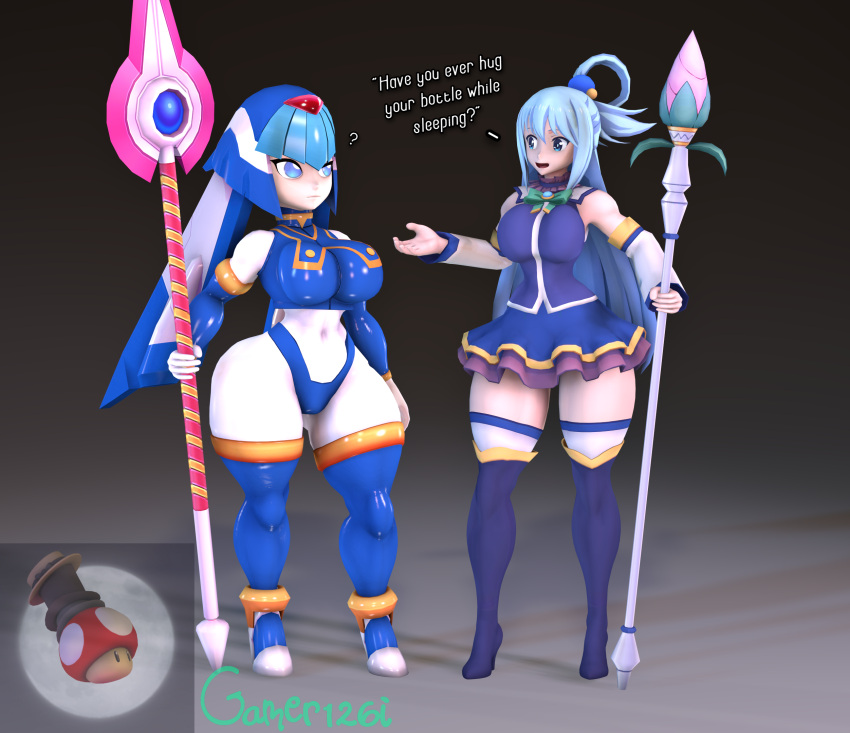 2girls 3d aqua_(konosuba) crossover curvy english_text fairy_leviathan female female_only huge_ass kono_subarashii_sekai_ni_shukufuku_wo! large_breasts mega_man mega_man_zero multiple_girls polearm spear staff text thighhighs weapon