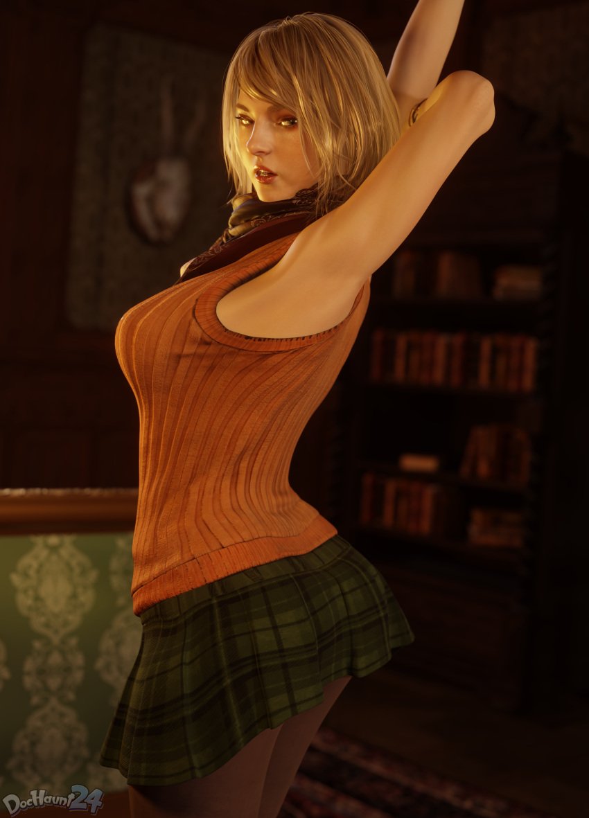 1girls 3d absurd_res armpit armpits arms_up ashley_graham ashley_graham_(ella_freya) ass bandanna blonde_hair bubble_butt busty capcom dochaunt24 female female_focus female_only hi_res hourglass_figure human light-skinned_female light_skin looking_at_viewer medium_hair pose profile_view resident_evil resident_evil_4 resident_evil_4_remake skirt solo stockings straight_hair sweater wide_hips