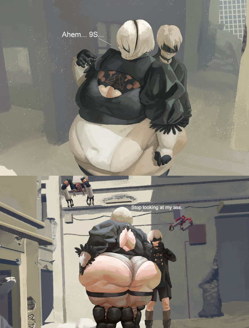 1boy 1boy1girl 1girls ass ass_awe bbw belly belly_overhang blush_lines caught caught_in_4k caught_in_the_act embarrassed female huge_ass looking_at_ass male morbidly_obese nier:_automata obese obese_female presiart yorha_2b yorha_9s